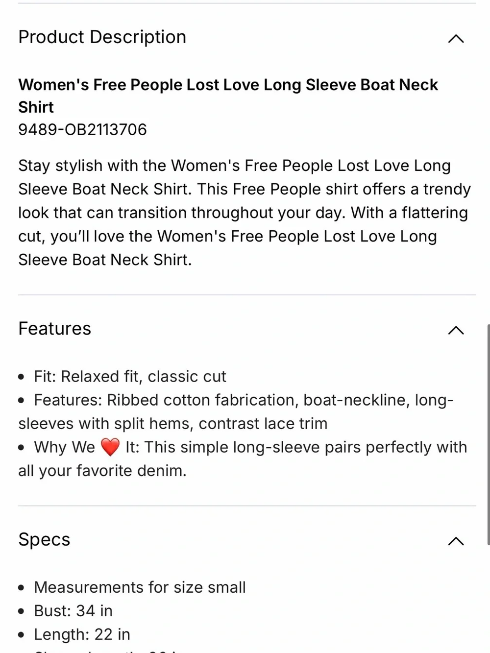 NWT new small Free People lost love Long-Sleeve Top black White boatneck